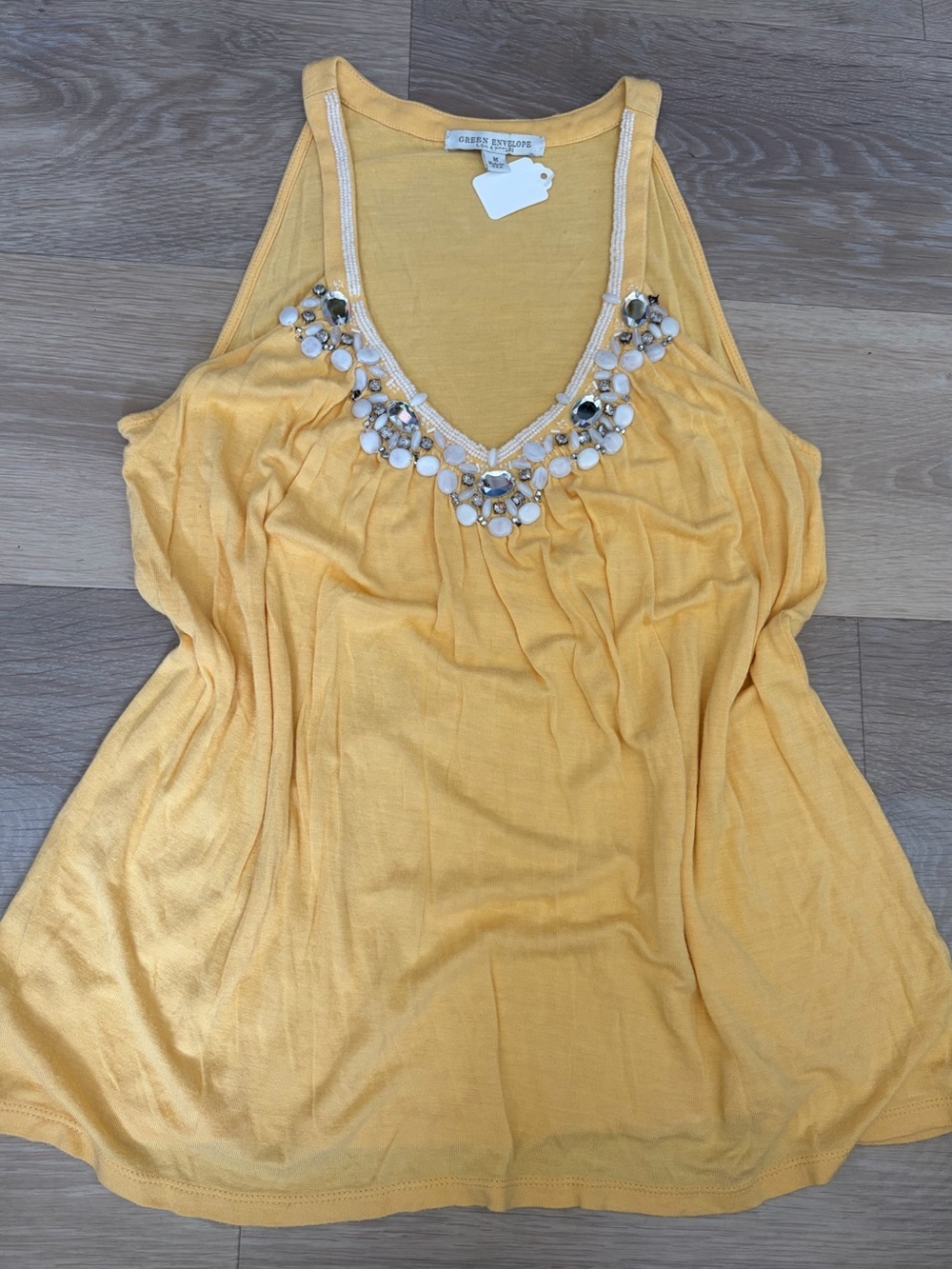 Green Envelope Yellow Beaded Tank Top Size M